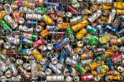 used beverage cans in metal crate